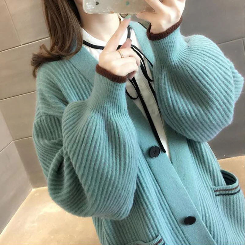 Hirsionsan Sweater Women Autumn Knitted Long Cardigans Korean Solid V-neck Big Pocket Clothes Loos Warm Jumper Femme Tops |