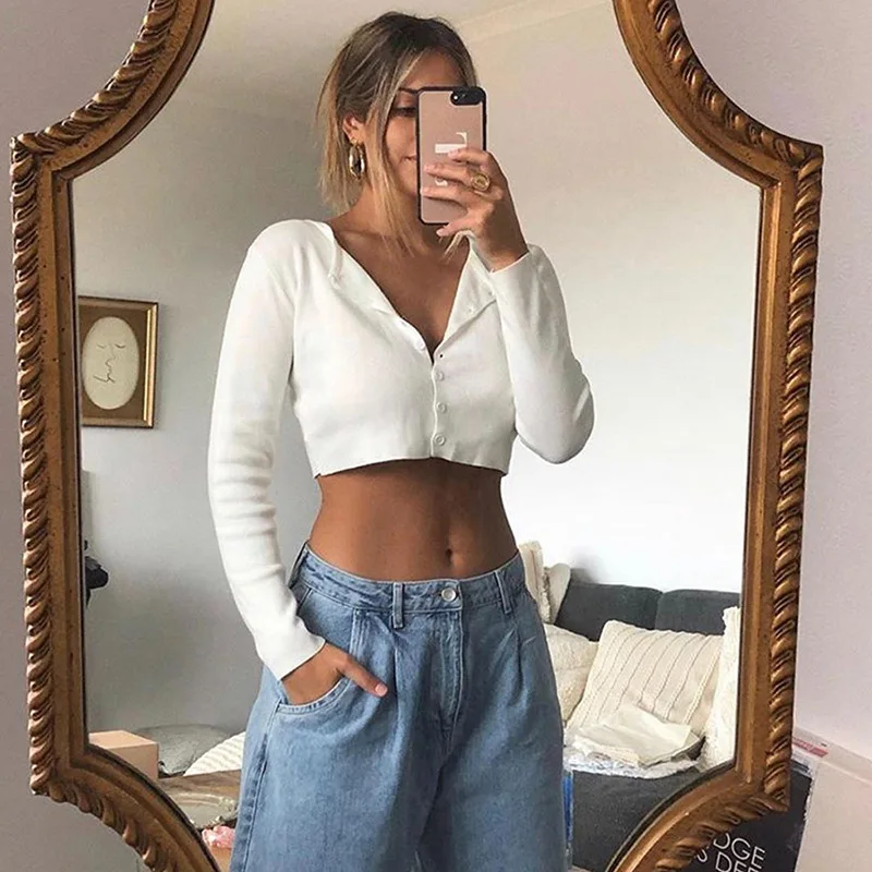 

women Harajuku tee Single-breasted top tee shirt clothes tshirt vintage t-shirt clothing Brandy knit full sleeve bottoming shirt