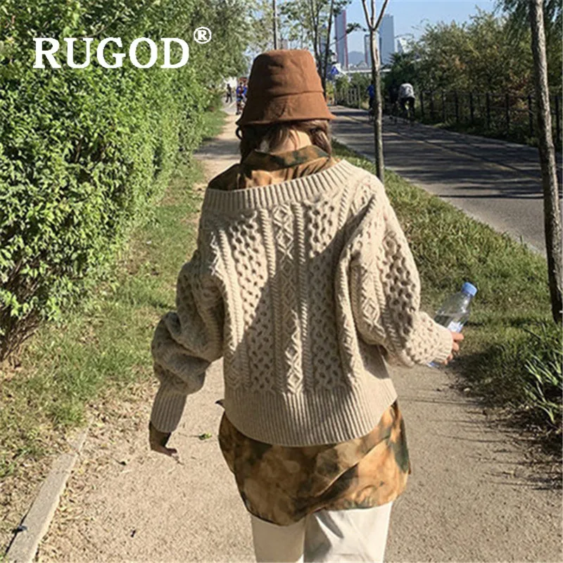 Свободный свитер RUGOD с V-образным вырезом Женский Однотонный пуловер джемпер