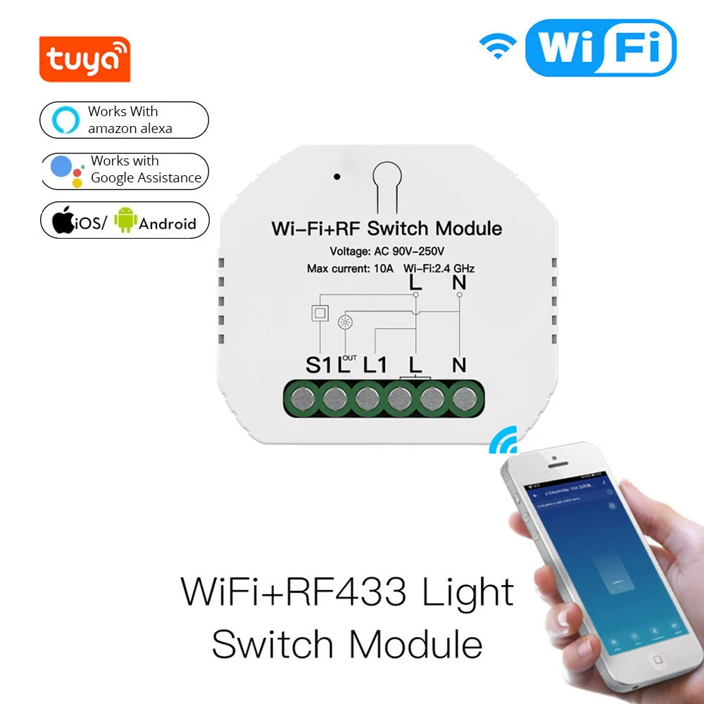 

Smart Home Mini DIY WiFi RF433 Smart Relay Switch Module Smart Life/Tuya App Control, Work with Alexa Google Home 1Gang1/2 Way