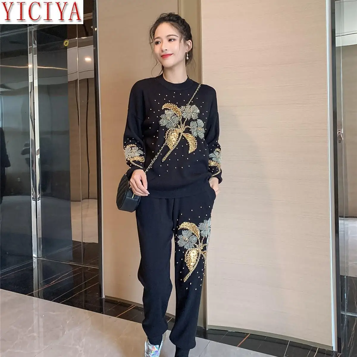 

Black Sweatershirt Pants Knitted Sweater 2 Piece Set Tracksuit Floral Women Winter Fall Embroidery Pants Rivet Beading Outfits