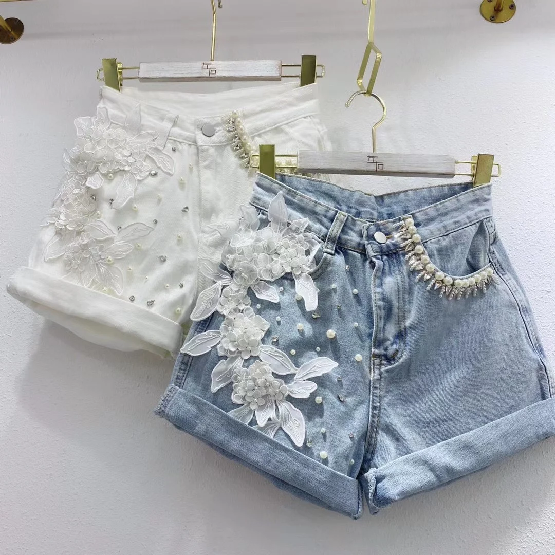 

Women Elegant Beaded Jeans Shorts 2021 Summer New High Waist Slimming Short Pants White Wide Leg Denim Jeans for Women