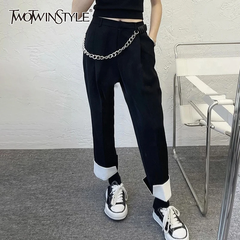 

TWOTWINSTYLE Casual Pant For Women High Waist Patchwork Pockets Chain Single Button Long Pencil Pants Female 2021 Autumn Clothes
