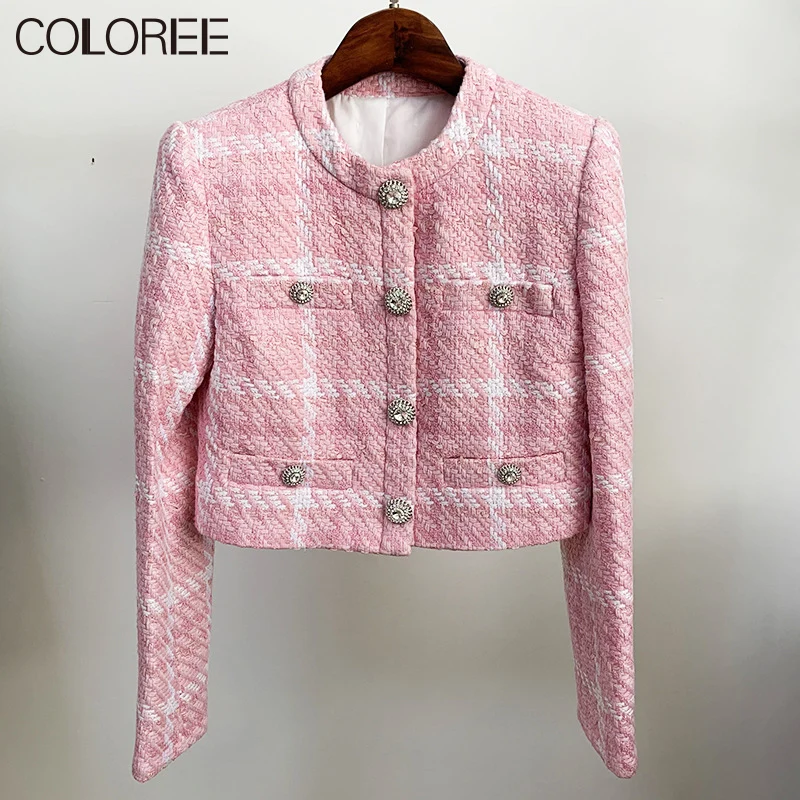 

Женское шерстяное пальто, винтажное приталенное пальто в розовую клетку, с круглым вырезом, двубортное, Осень-зима 2020