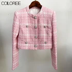 Женское шерстяное пальто, винтажное приталенное пальто в розовую клетку, с круглым вырезом, двубортное, Осень-зима 2020