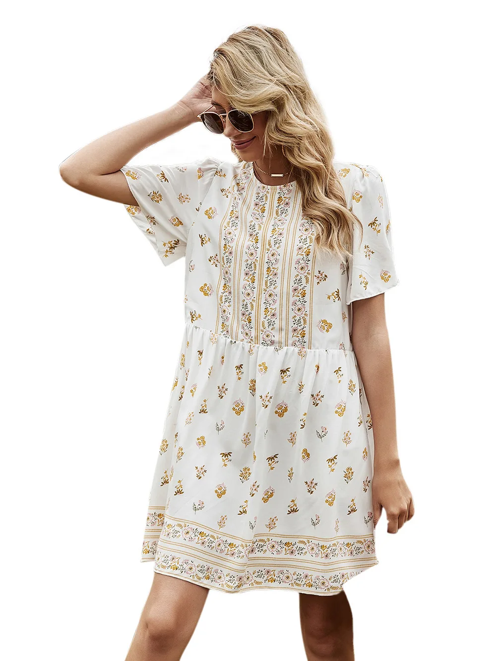

New European And American Women's High-waist Short-sleeved Printed Dress Female A-line Skirt Boho Dress Summer Women's Dress 20