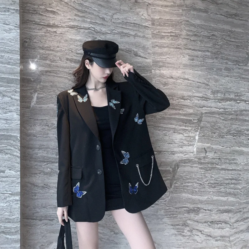

Женский блейзер с длинным рукавом, декоративный черный пиджак с принтом бабочки и цепочкой, осень 2021