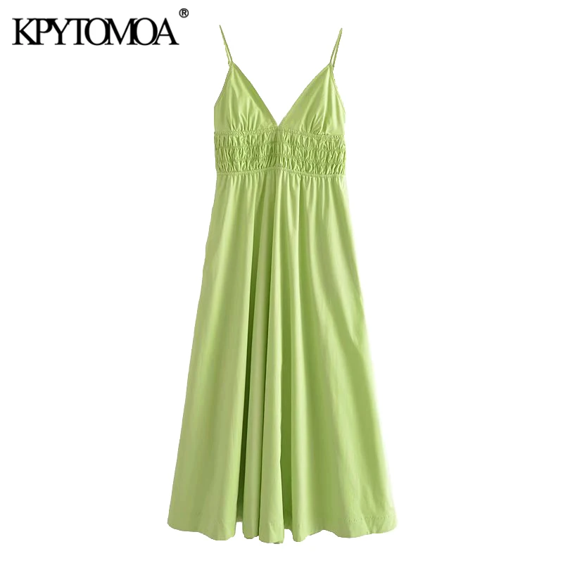 

KPYTOMOA Women Fashion Elastic Detail Side Pockets Poplin Midi Dress Vintage Backless Thin Straps Female Dresses Mujer
