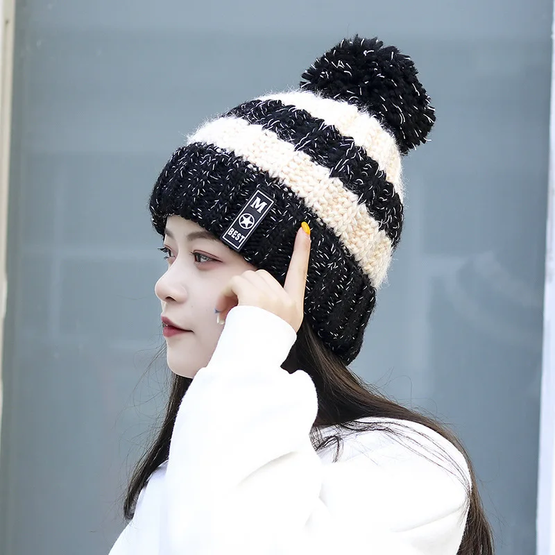 

New Autumn and Winter Knitted Hat Women Thick Wool Ball Hip Hop Outdoor Cold Proof Cycling Plus Velvet Warm Woolen Knitted Hats