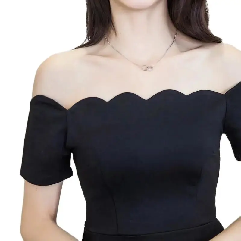 

Black Off Shoulder Dress Summer Women Elegant Short Sleeve Midi Dress Long Sexy Party Dresses G00