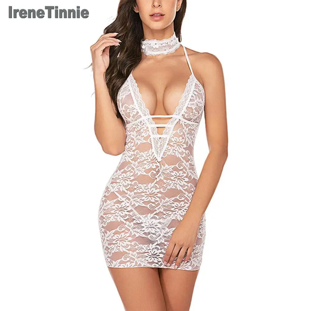 Irene Tinnie Women Clubwear Lace Teddy Lingerie Sexy Deep V One Piece Transparent Dress Bodysuit Nightdress Sexy Lingerie