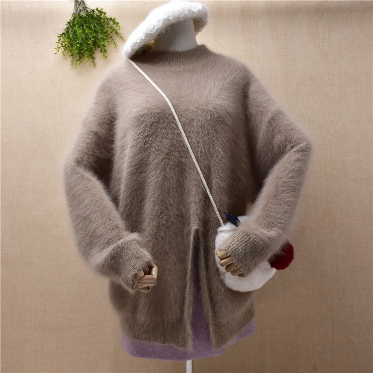 

female women hairy real 100% mink cashmere knitted slit loose pullover angora rabbit fur winter jumper sweater pull jacket top
