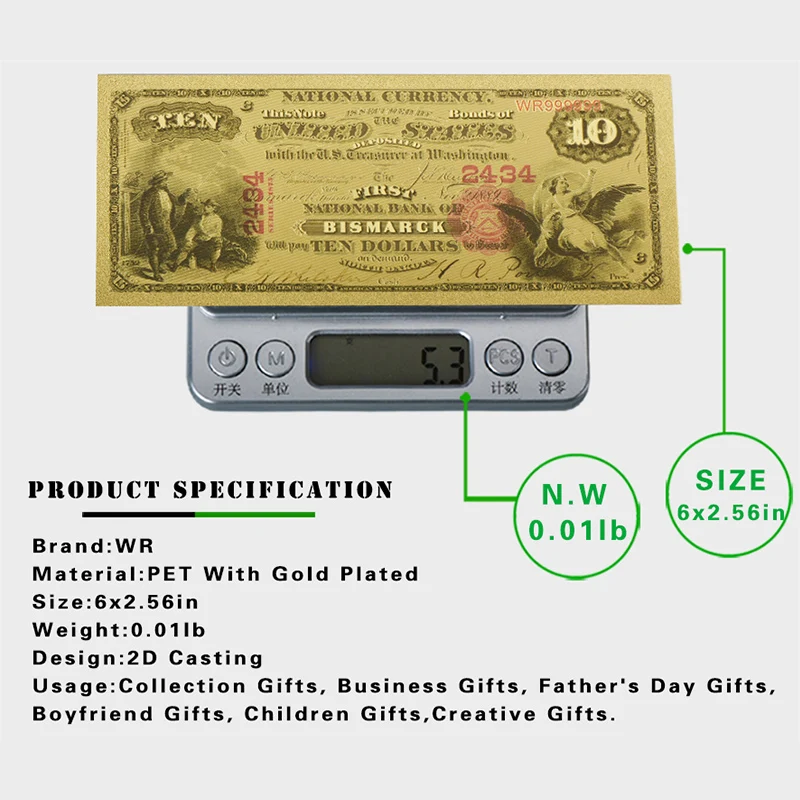 WR Prop Money 10 долларов США 24K Золотая фольга для банкнот с COA рамкой Amecia поддельные