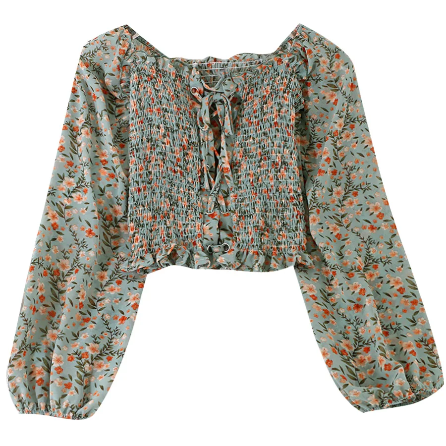 Женская шифоновая блузка с цветочным принтом винтажная плиссированная короткая