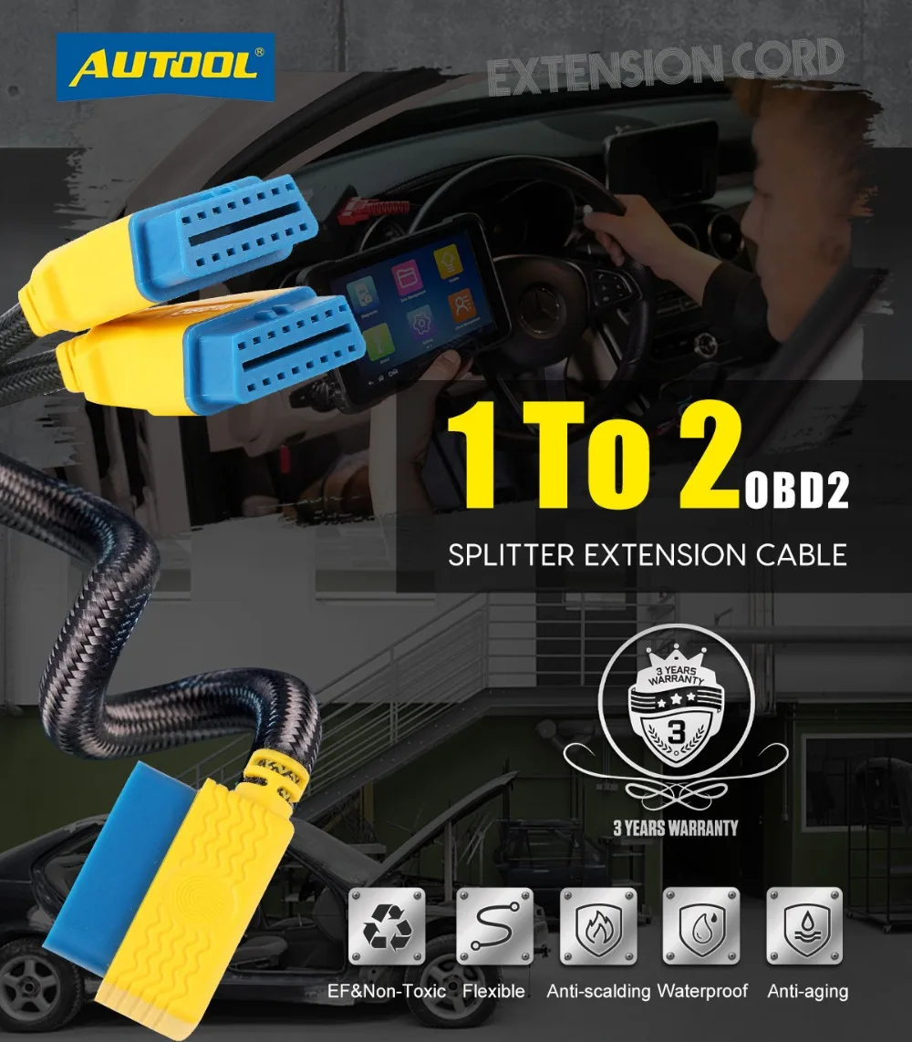 Autool obd2 kabel 150cm 1m 1 zu 3 konverter adapter obdii verlängerung kabel verstärktes kabel kabel zum starten easydiag golo elm327 – Detail 1