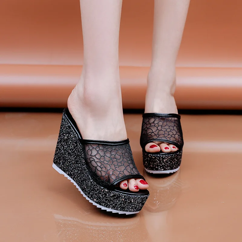 bling golden women house slippers summer shoes platform 4cm outside fitting room 11cm high heels wedges solid mesh female slides free global shipping