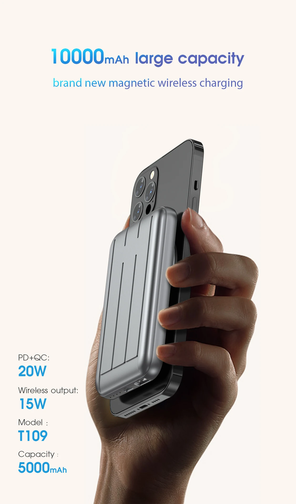 

New PD magnetic wireless power bank mini T109 For Iphone 12