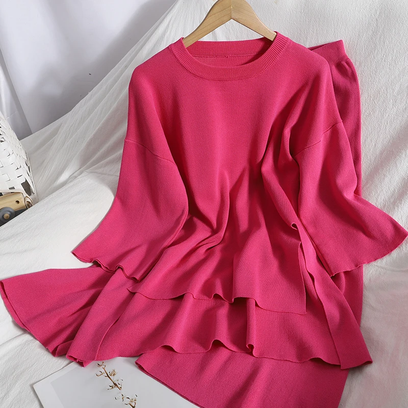 

Short Front Long Back Split Korean Pullover Middle Sleeve Top Slim Loose Wide Leg Pants Two-piece Autumn Knitted Women's Set