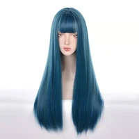 gaka dark blue long straight synthetic hair cosplay wig with bangs for women