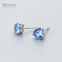 modian new 925 sterling silver vintage heart blue zirconia stud earrings for women gold color silver 925 fine jewelry earings