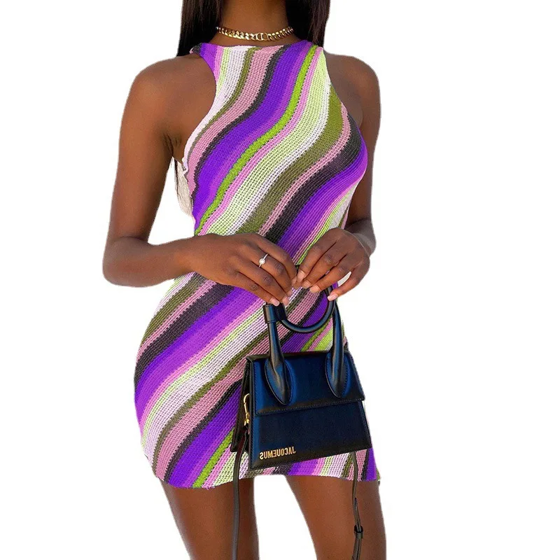 

2021 Summer New Fashion Slim Sleeveless O-Neck Striped Dresses for Women Casual Knitting Pullover Dress for Women Donsignet