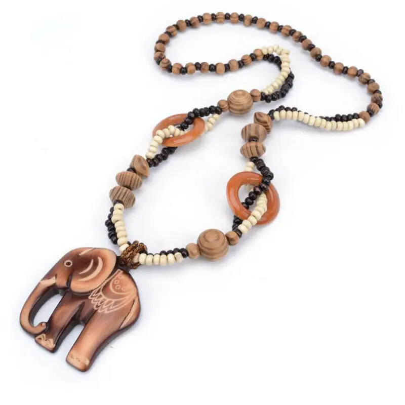 HIRIGIN Boho Ожерелье со слоном деревянная подвеска ручной работы из бисера Длинные