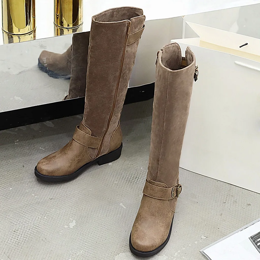 Весенне-осенние сапоги до колена с круглым носком женские высокие пряжкой на