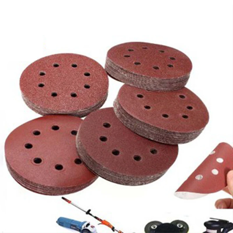 

10Pcs 5in 8 Hole Flocking Sandpaper Air Grinder Dry Grinding Self-adhesive Red Sandpaper Back Velvet Polishing Woodwork Sanding