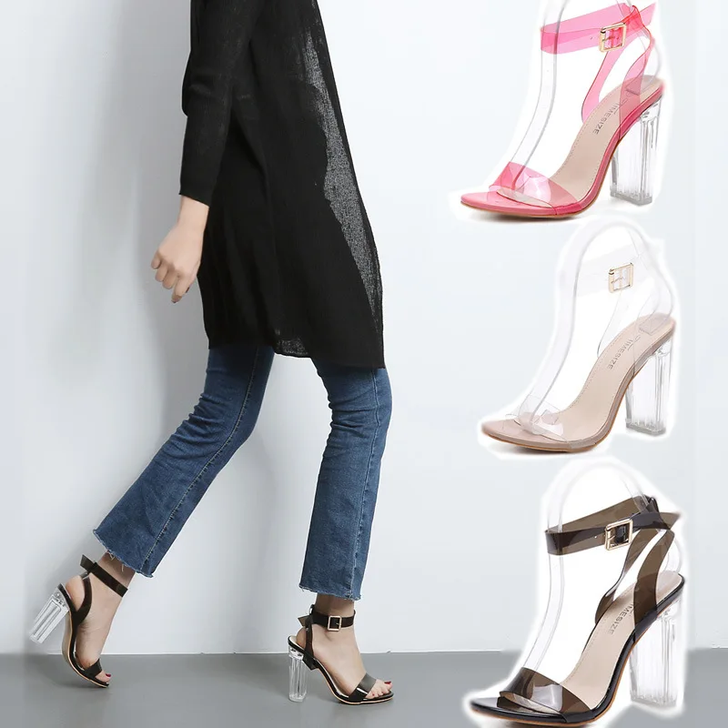 

2020 summer new super high heel sandals transparent sexy thick heel women's shoes fashion size