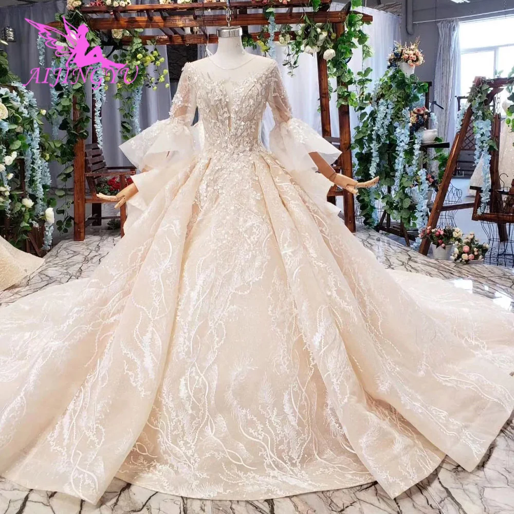 

AIJINGYU Retro Dress Gowns Collection Italy Modest White Lace Long Tail Gown Wedding Frocks For Bride