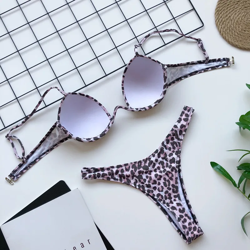 Women Leopard Print Underwire Bikini Set New Arrival 2020 Summer 2 Two Piece Swimsuit Push Up Thong Swimwear Woman Bathing Suit | Женская