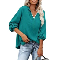 easy to wash casual solid color long sleeve hoodie leisure autumn top lace stitching neckline for daily wear