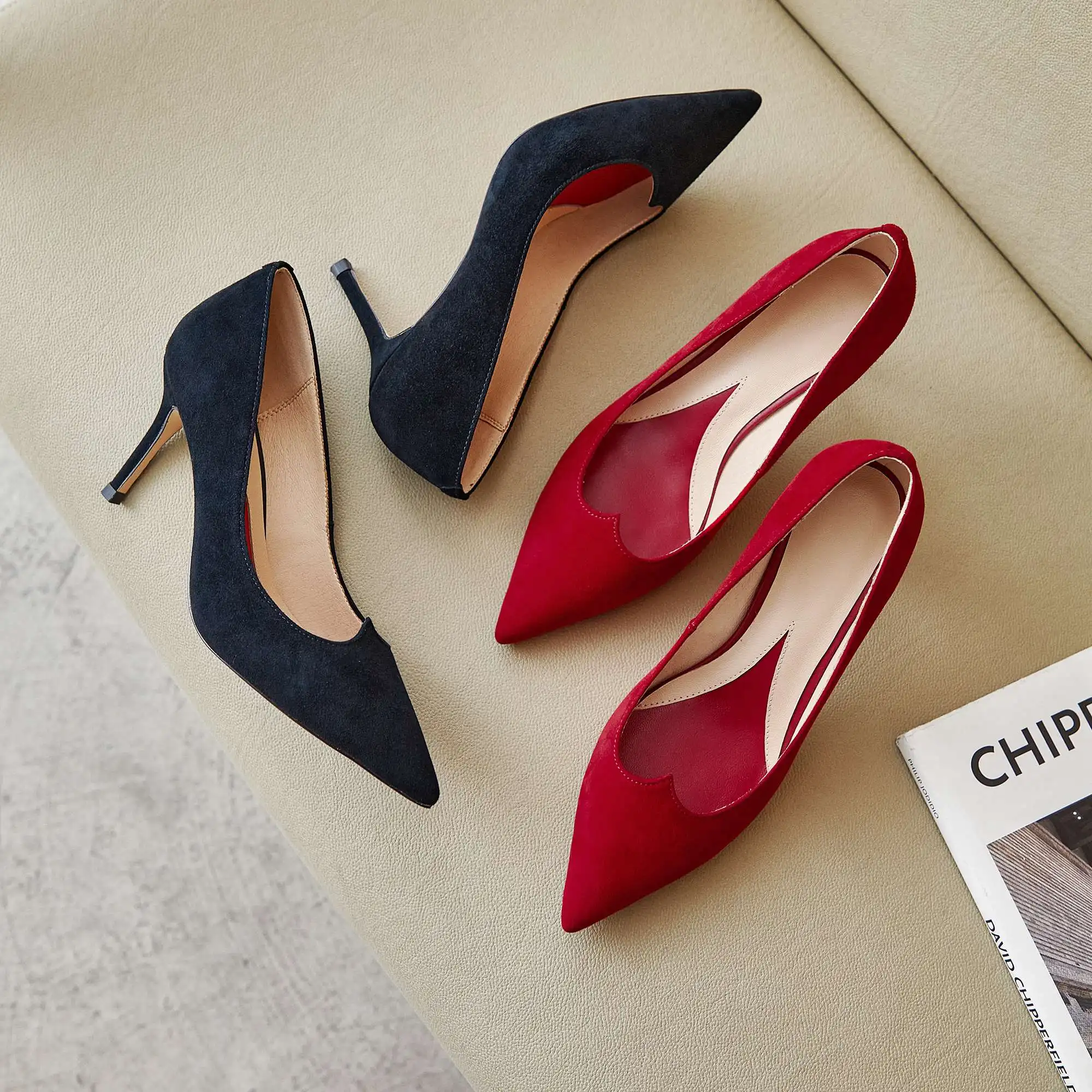 

Lenkisen new solid simple design sheep suede pointed toe stiletto high heels office lady streetwear cozy classic women pumps L05