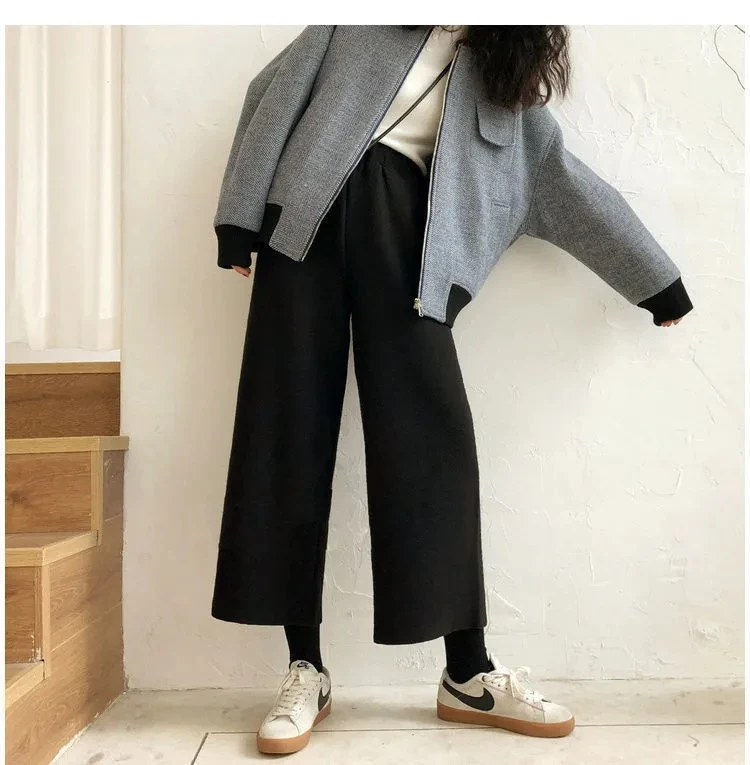 

Luck A 2020 Women Winter Warm Black Korean Wool High Waist Loose Trousers Ladys Casual Thick Wide Leg Ankle-length Pants