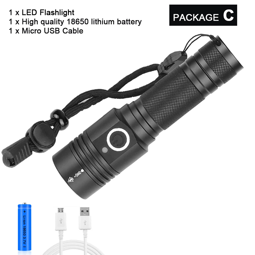 Package C Супер яркий XHP50 светодиодный фонарик самый мощный фонарик с зумом охотничья вспышка light18650 водонепроницаемый USB перезаряжаемый светодиодный фонарь - Испускаемый цвет: Package C