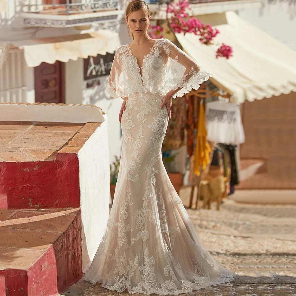 

Boho Wedding Dresses V-Neck Mermaid Batwing Sleeve Special Tulle Lace Appliques Court Train Backless Bridal Gowns Robe De Mariée