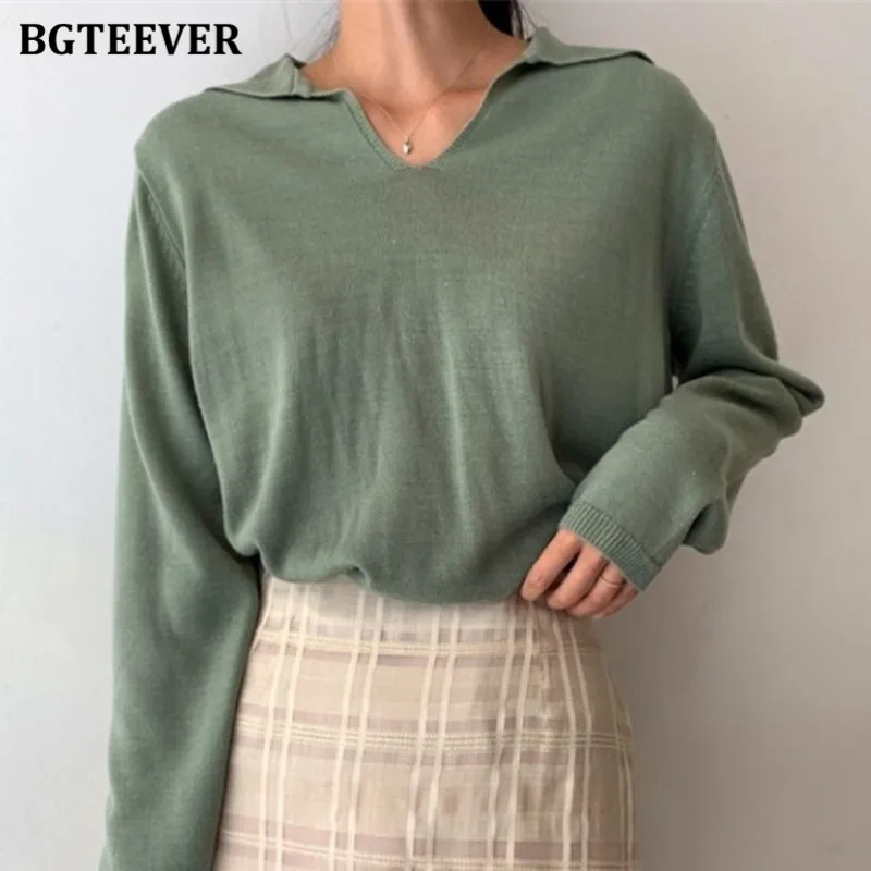 

BGTEEVER 2020 Basic Solid Lapel Women Solid Sweaters Autumn Winter Warm Soft Knitwear Long Sleeve Knitted Pullover Jumpers Femme
