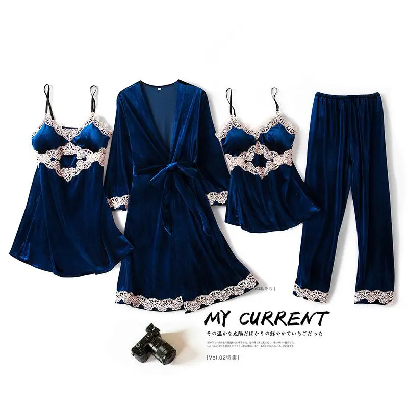 

Sleep Suit Women Soft Sleepwear Nightgown Sexy Velvet Bathrobe 4PCS Pajamas Set Home Clothes Casual Velour Kimono Gown Home Wear