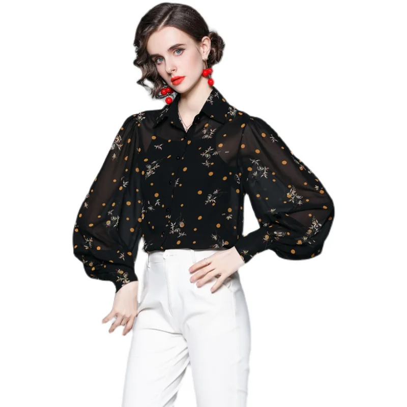 

2021 New Spring Autumn Women Vintage Turn-down Collar Lantern Long Sleeve Blouse Sweet Floral Loose Black Chiffon Shirt