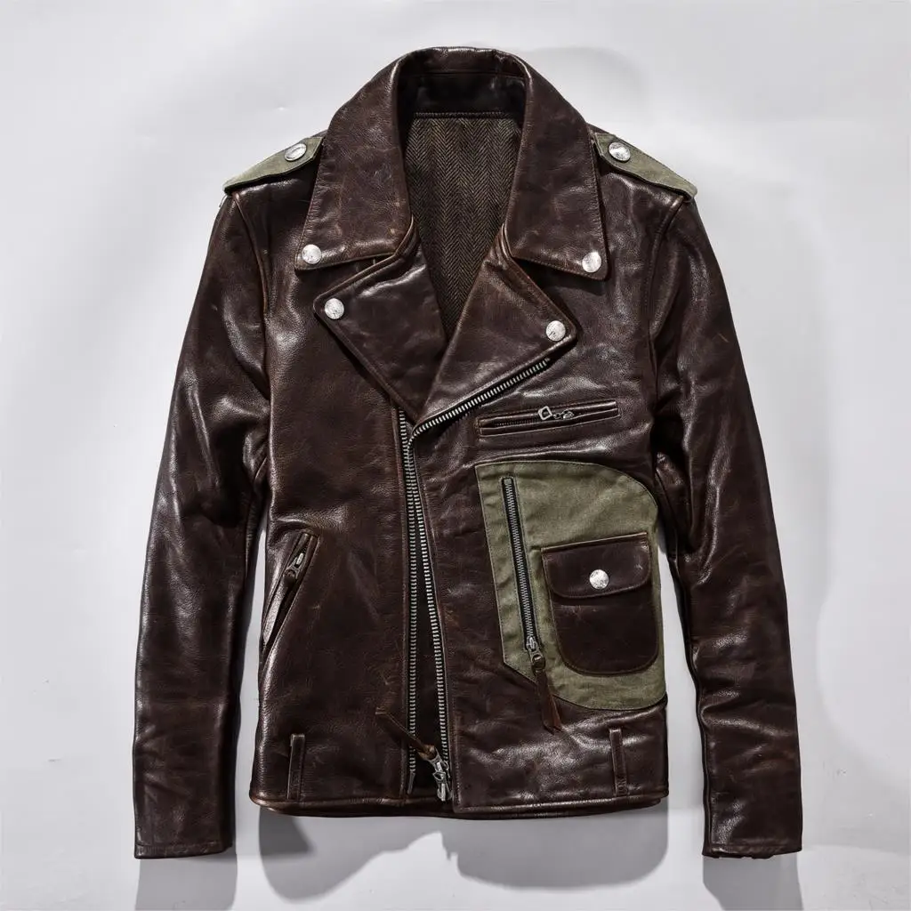 Мужская винтажная кожаная куртка с заклепками и диагональной застежкой молнией