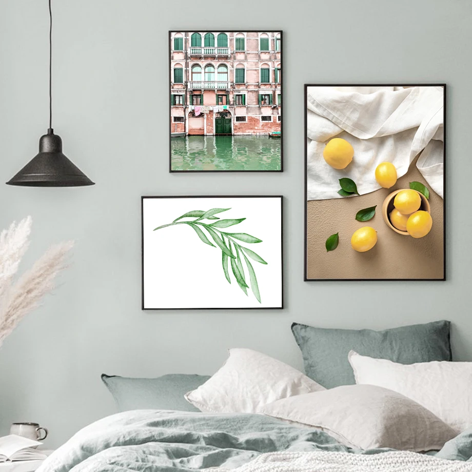 Дом оранжевый лист дерева лимонный пейзаж настенная живопись на холсте