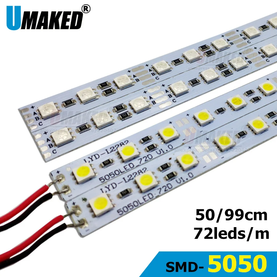 Фото 100 шт. 99 см DC12V SMD5050 Жесткая светодиодная лента 14.4W, белый/теплый белый/RGB, для подсветки шкафов, декоративная лампа-полоса №1