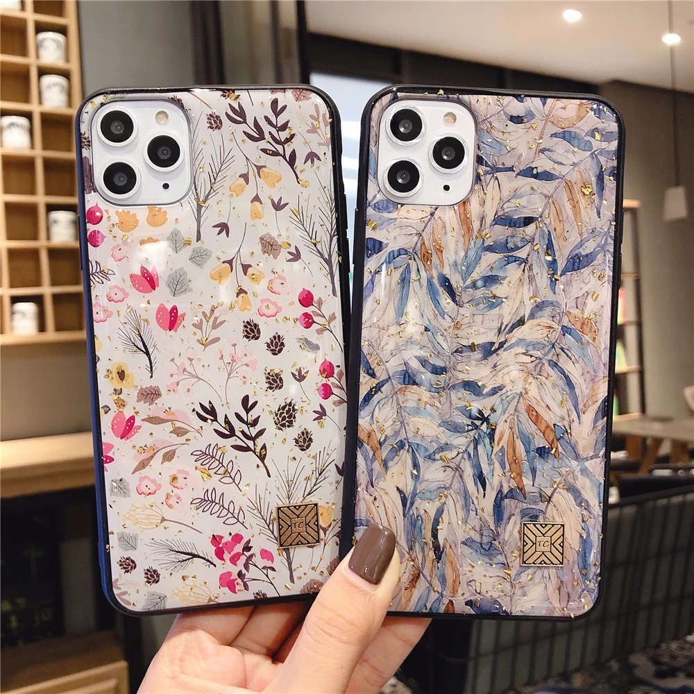 

Luxury Gold Foil Colorful Flowers Soft TPU Cases For iPhone 12 11 Pro XS Max XR X 6 6s 7 8 Plus SE 2020 Glitter Bling Back Cover