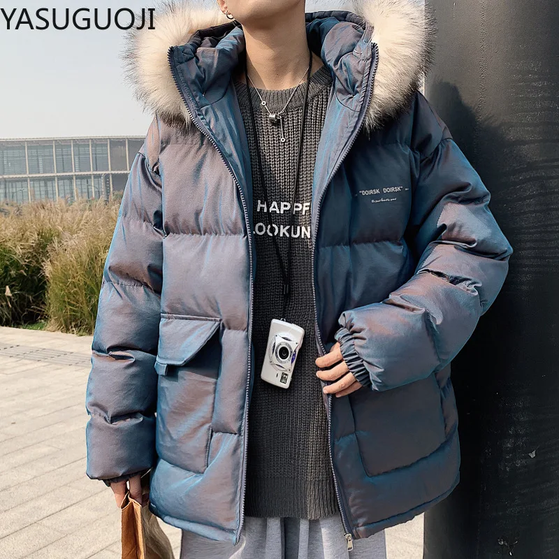 

YASUGUOJI Men Winter Parkas 2021 New Thick Warm Fur Collar Hooded Jacket Coat Men Fashion Shiny Plus Size 5xl Casual Parka Men
