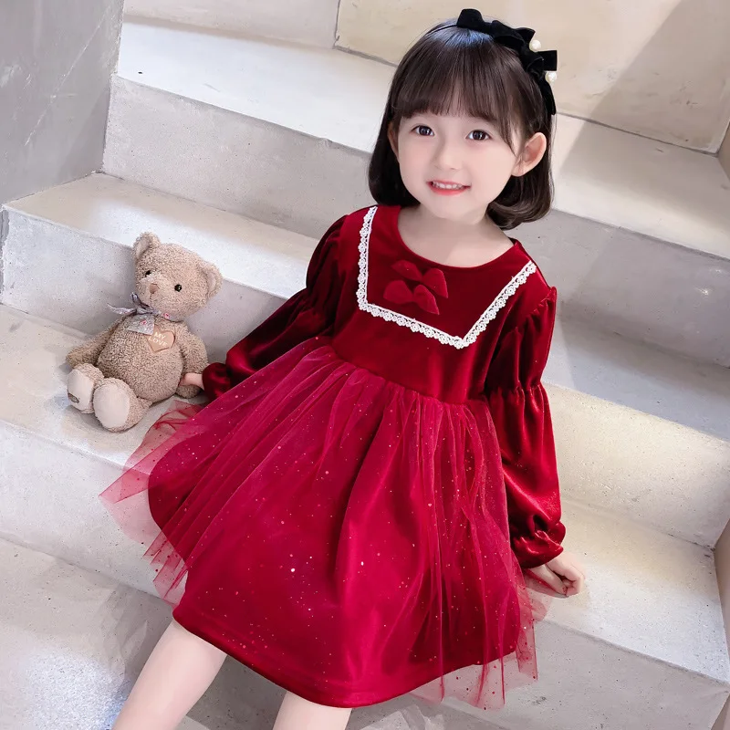 

Girl Gold Velvet New Year Dress 2022 Girls Kids Baby Lace Bow Princess Elegant Christmas Party Dresses Children Clothes 2-6Y