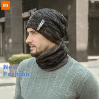 xiaomi neck warmer knitted hat scarf set fur wool lining thick warm knit beanies balaclava winter hat men cap casual 1 set