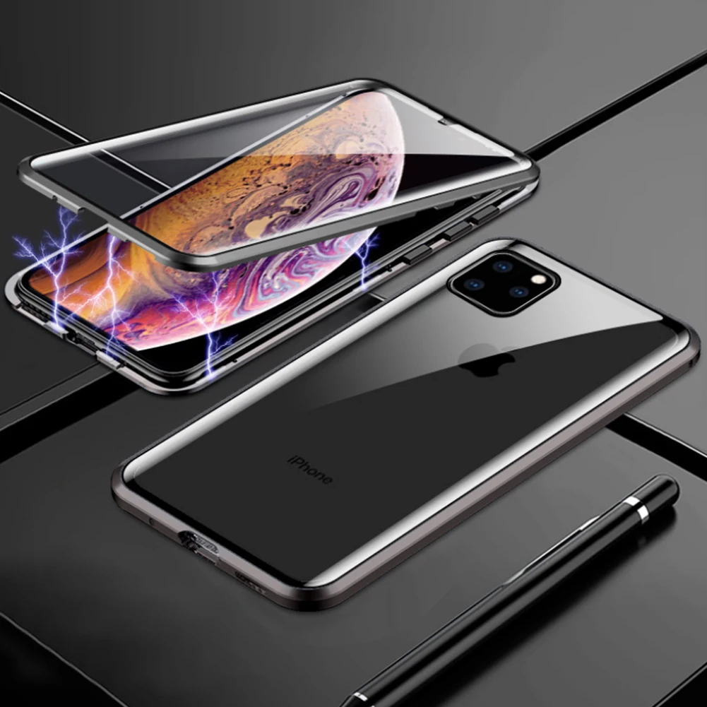 Black 2 Магнитный чехол из закаленного стекла для iPhone 11 Pro X XS MAX XR 7 8 Plus, магнитный металлический бампер для samsung Galaxy Note 10 Plus - Цвет: Black 2