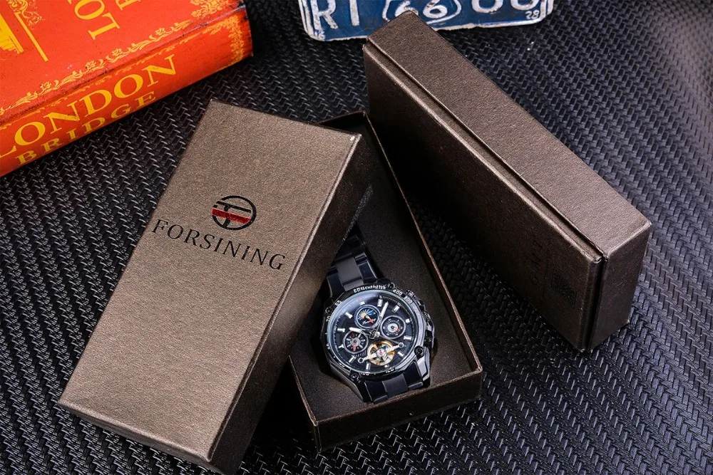 Forsining полностью черные Tourbillon механические часы мужские Moonphase Дата нержавеющая сталь Группа Автоматические наручные часы Erkek Kol Saati