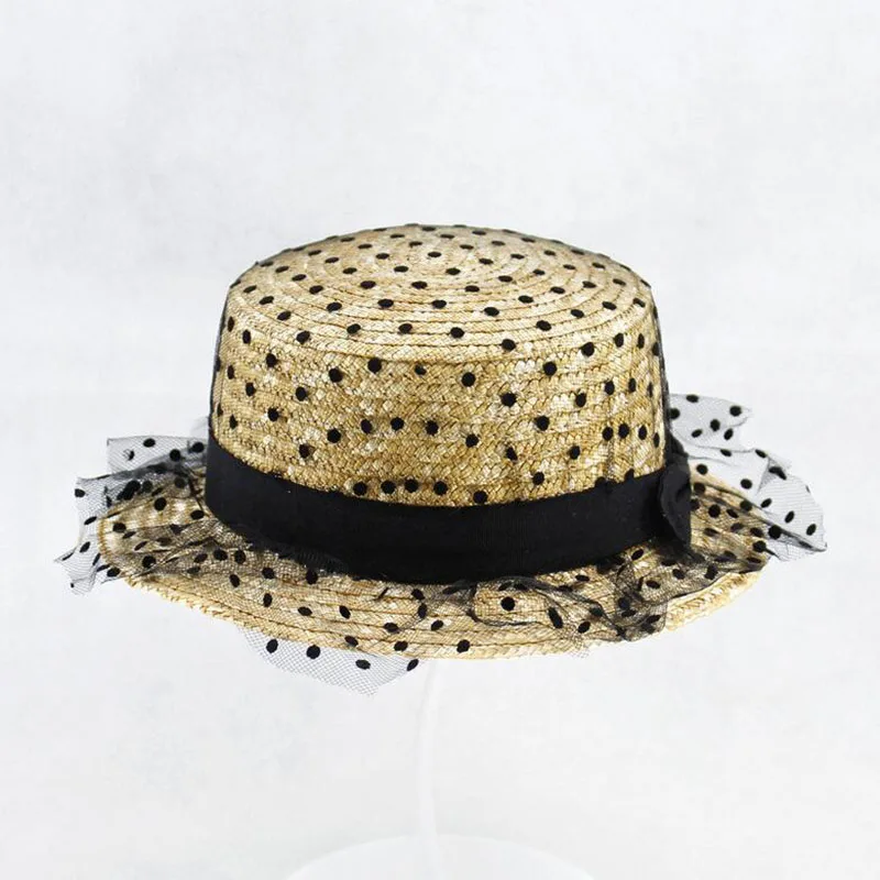 Женская соломенная шляпа от солнца черная в сеточку горошек с широкими полями