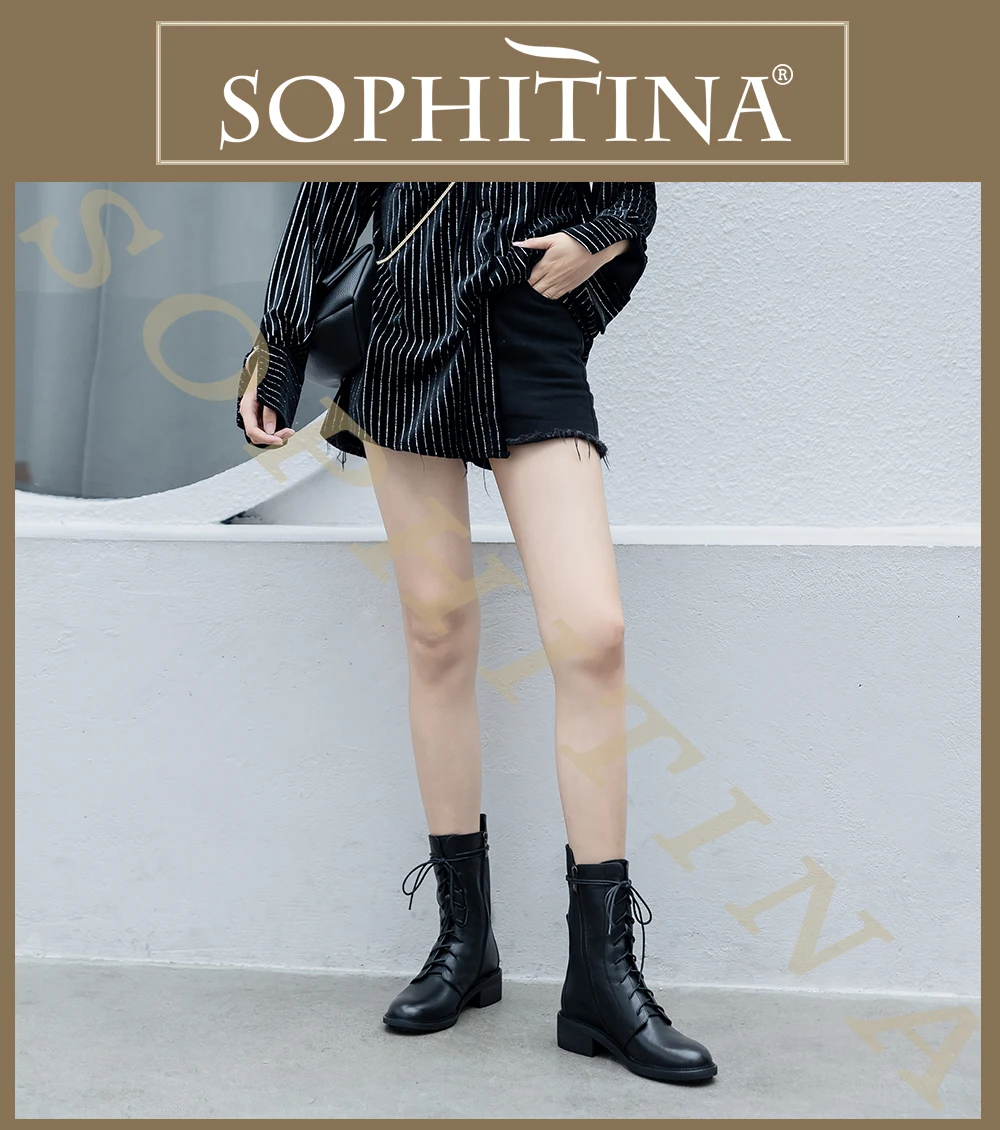 SOPHITINA/однотонные ботинки на шнуровке; удобная обувь ручной работы с круглым носком на молнии и квадратном каблуке; Новинка; короткие плюшевые модные ботильоны; MO307